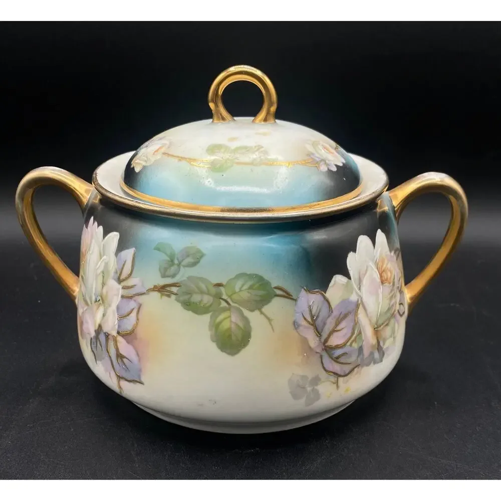 Antique German Porcelain Covered Sugar Bowl Hand Painted Floral Gilt c.1900